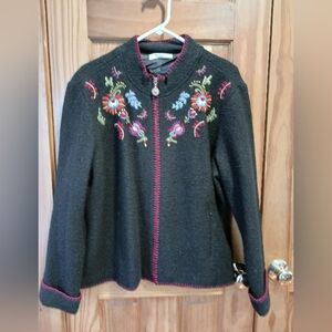 Coldwater Creek Wool embroidered lined zip cardigan XL EUC cozy!!